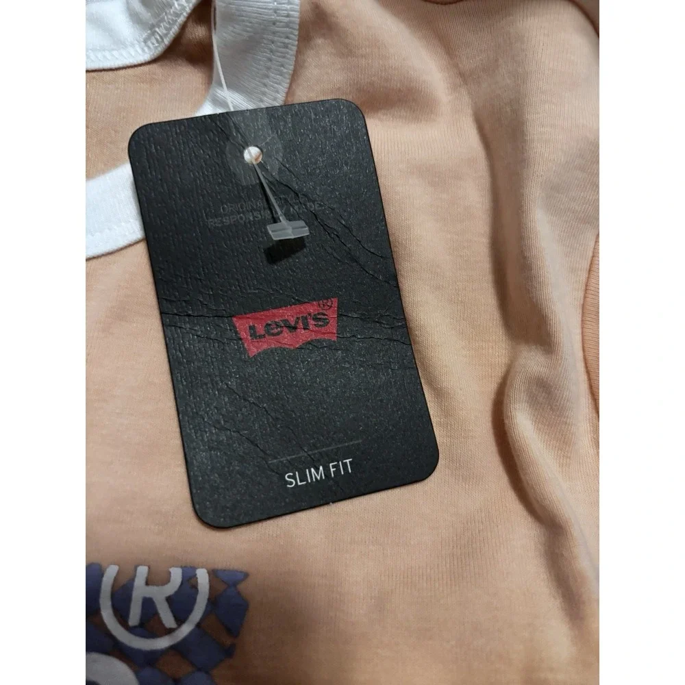 Levi's Women's Graphic Logo Ringer T-Shirt Slim Fit Crew Neck Tan/White XXL[A6]
